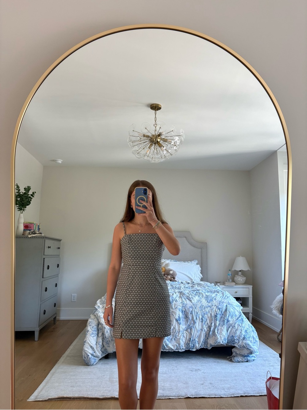 Square-Neck Black, White, and Green Mini Dress